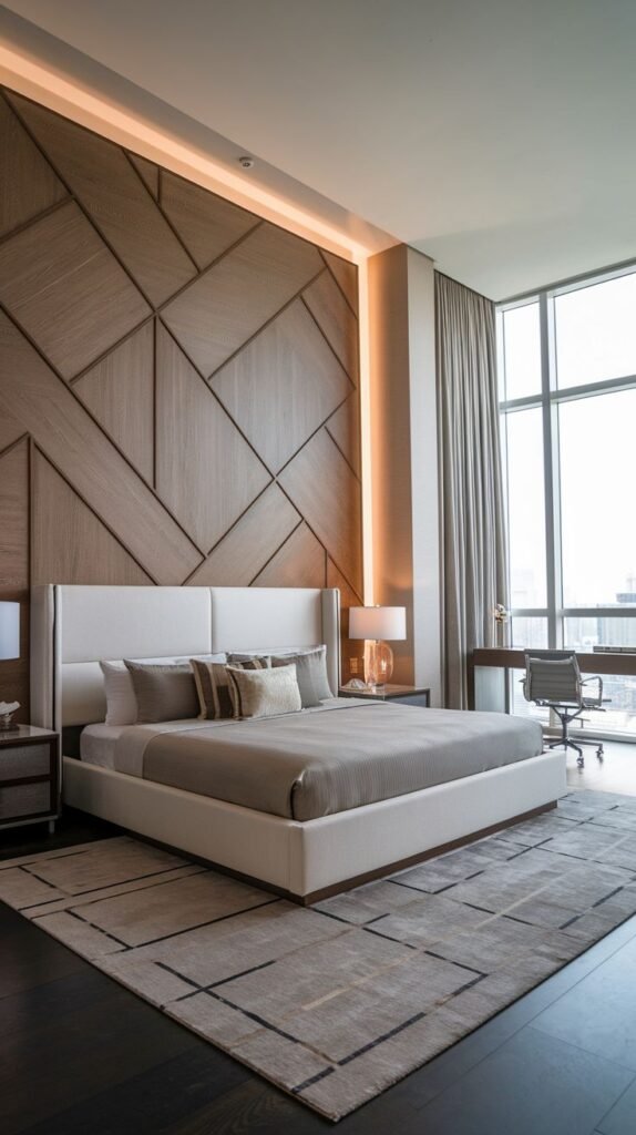 A contemporary bedroom featuring a light wood accent wall with a fragmented geometric pattern and soft vertical perimeter backlighting.