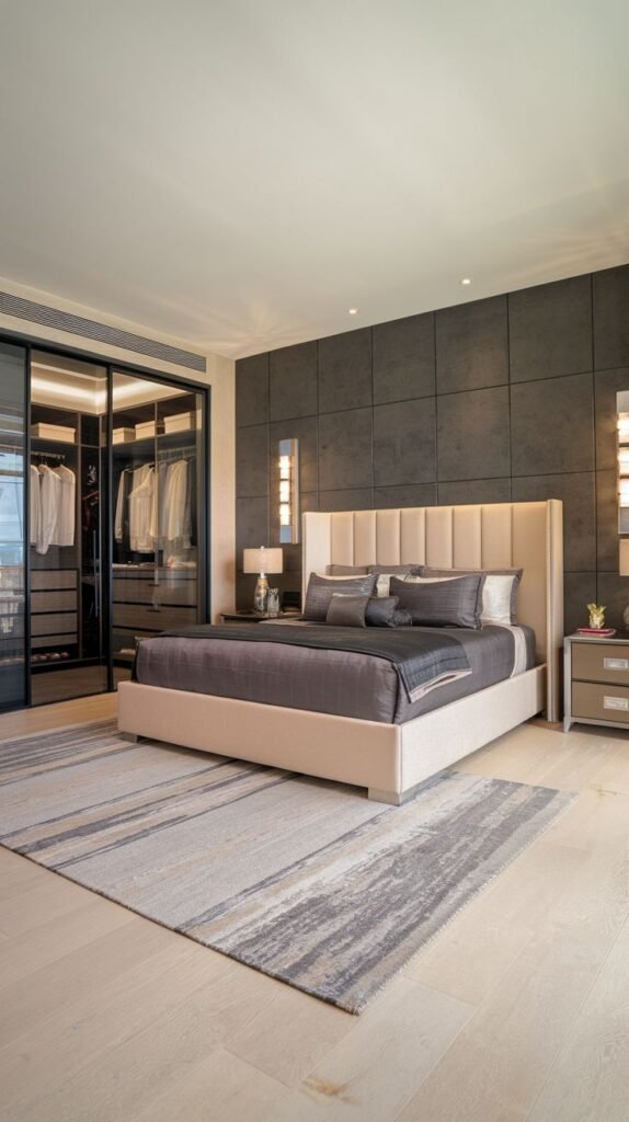 A luxurious bedroom with a dark gray, large-paneled accent wall behind a cream upholstered bed, adjacent to a mirrored closet.