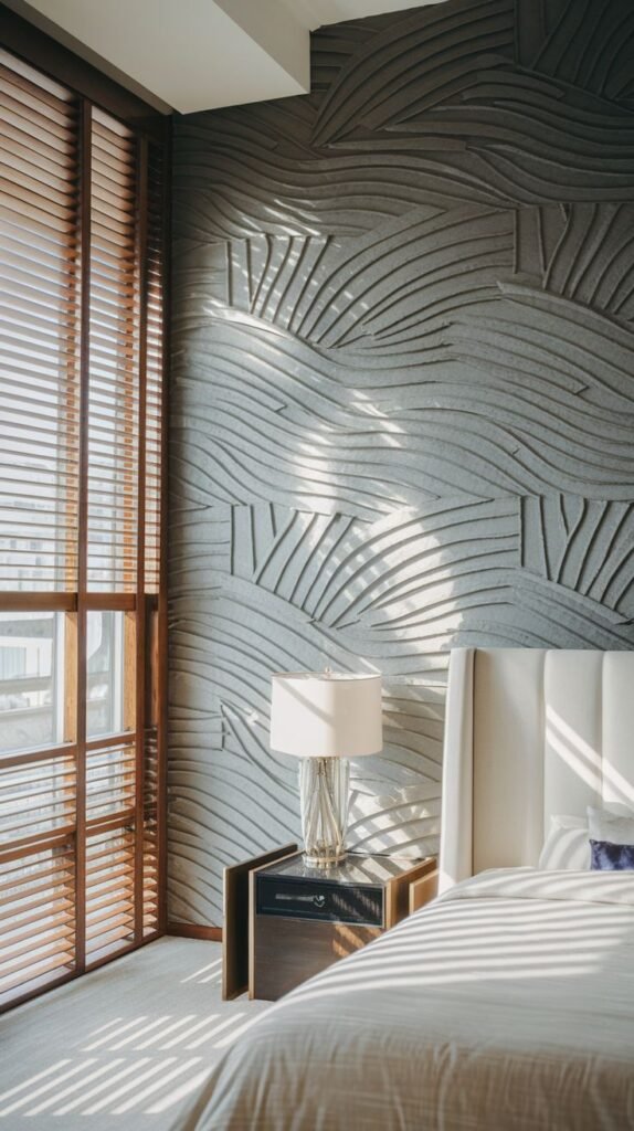 A close-up view of a gray accent wall deeply carved with undulating, organic, wavy texture patterns, lit by sunlight.