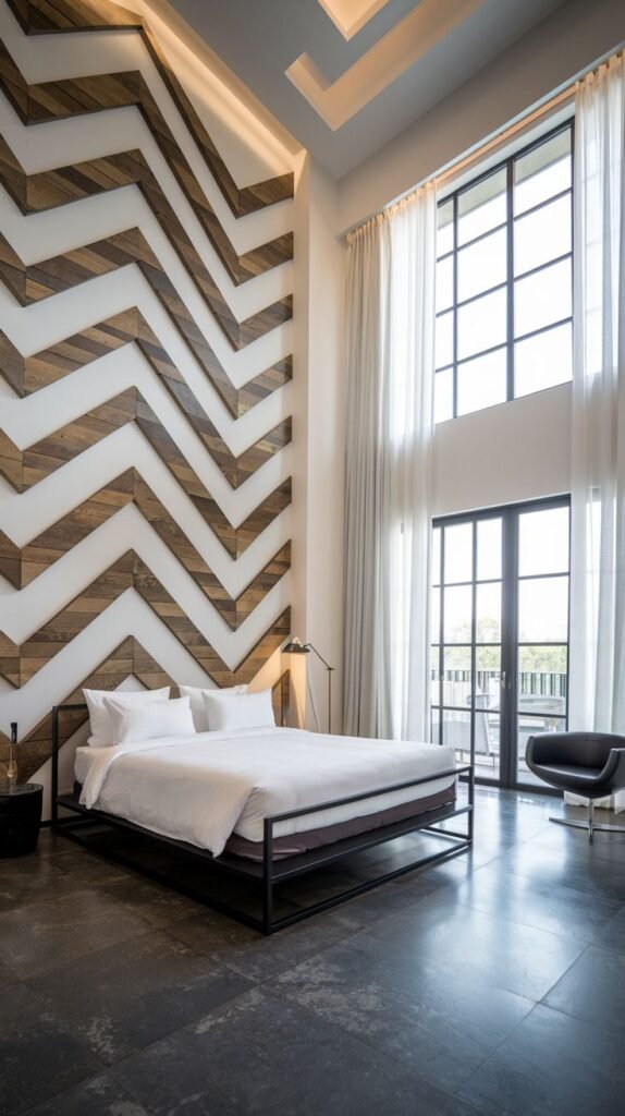 A high-ceilinged room displaying a dramatic, tall chevron pattern accent wall constructed from alternating strips of natural wood planks and white wall space.