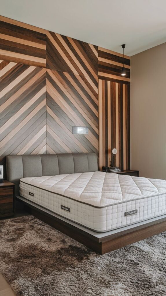 A bedroom featuring a dark wood accent wall combining large central diagonal chevron planks with vertical strips on the side.
