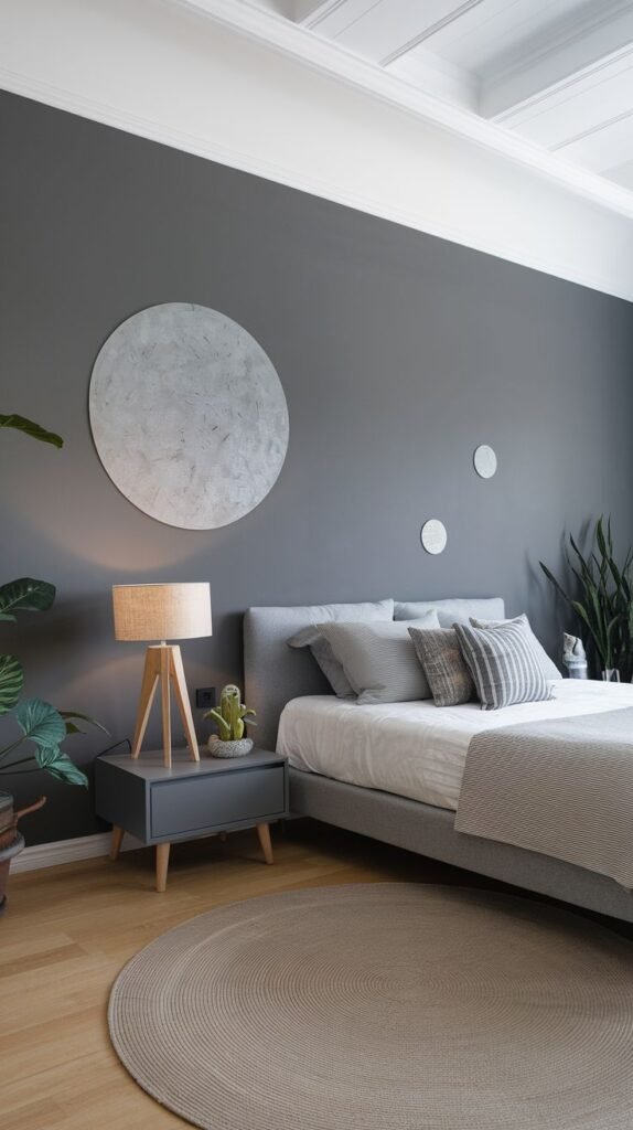 A minimalist bedroom with a solid dark grey accent wall adorned with a large, textured white circular art piece and two smaller circular accents.