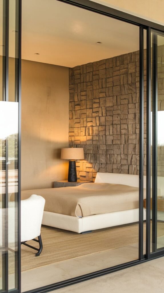 A bedroom showcasing a raw, earthy accent wall covered in a highly textured relief composed of small, stacked, rectangular blocks.