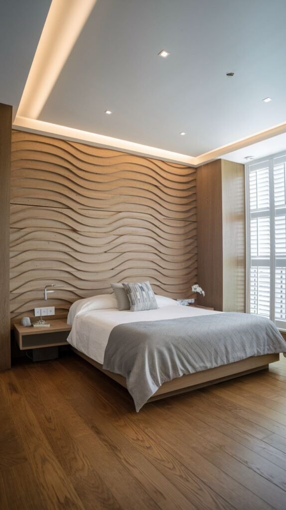 A light wood accent wall with continuous, three-dimensional horizontal wavy relief carving, illuminated by hidden cove lighting above.