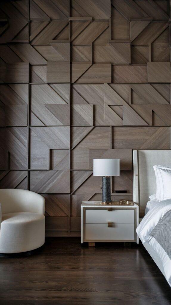 A dark wood accent wall with a complex geometric relief pattern formed by interlocking angled and square wood segments.