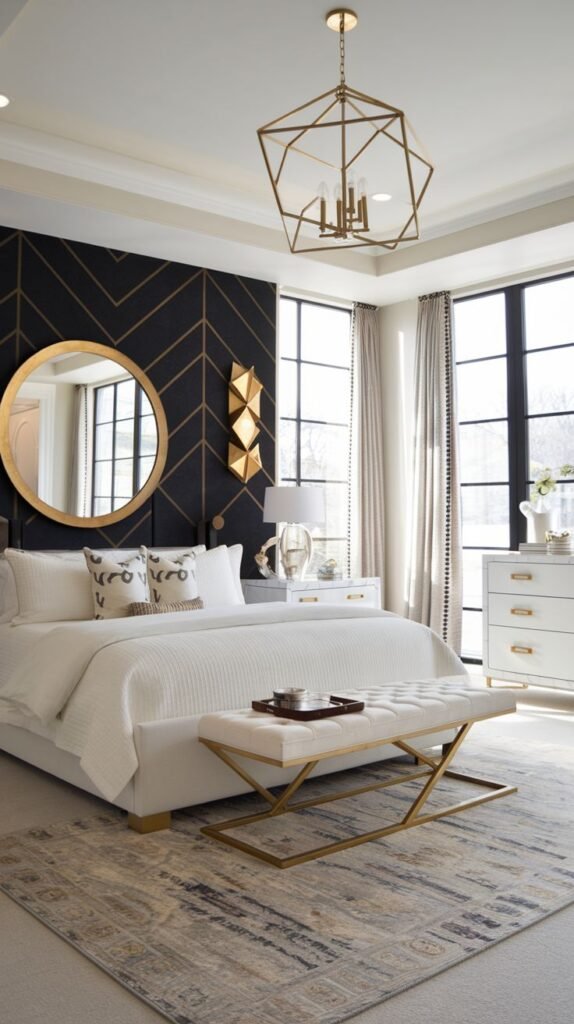 A glamorous bedroom featuring a black accent wall with gold linear trim forming a chevron pattern, featuring a large circular gold-framed mirror.