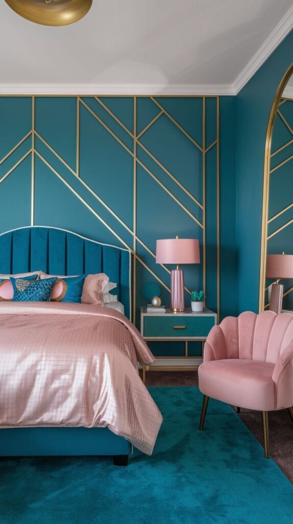 An Art Deco-inspired bedroom with a bold teal wall featuring an intricate geometric pattern created using thin gold metallic strips.