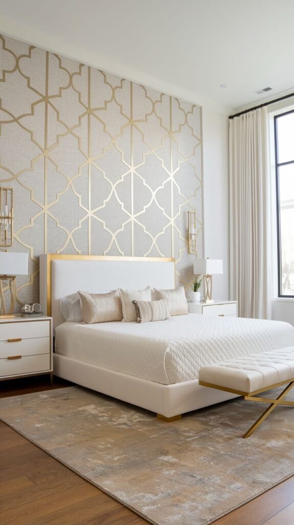 A bright, luxurious bedroom showcasing a light, textured wall surface overlaid with a repeating metallic gold quatrefoil or trellis geometric pattern.