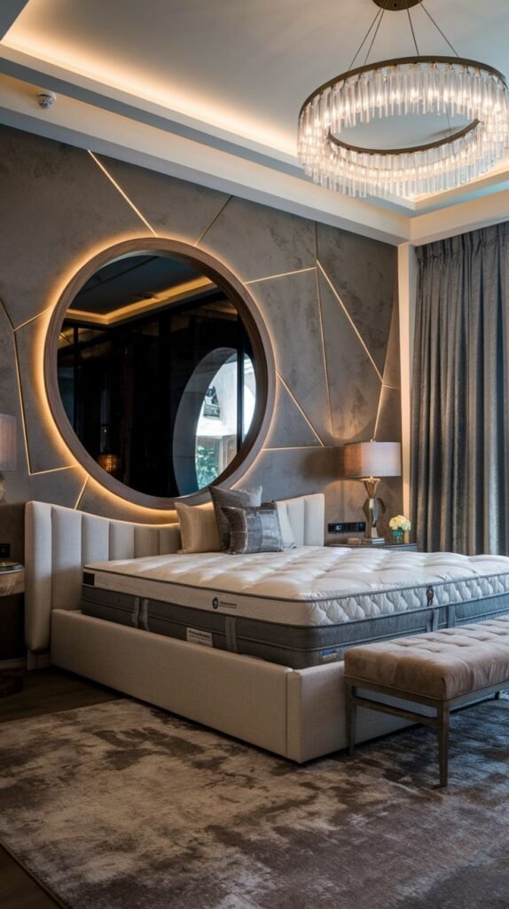 A luxurious bedroom featuring a dark, textured accent wall inlaid with diagonal gold lines and dominated by a large, circular, backlit mirror.