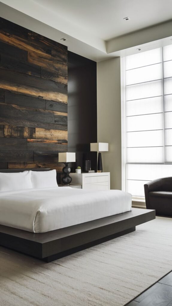 A minimalist bedroom featuring a tall, contrasting accent wall constructed from dark, wide, horizontal distressed wood planks.