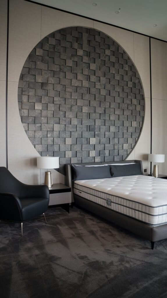 A contemporary bedroom accent wall featuring a large, central circular application of three-dimensional gray stone blocks, set against a lighter, textured wall.