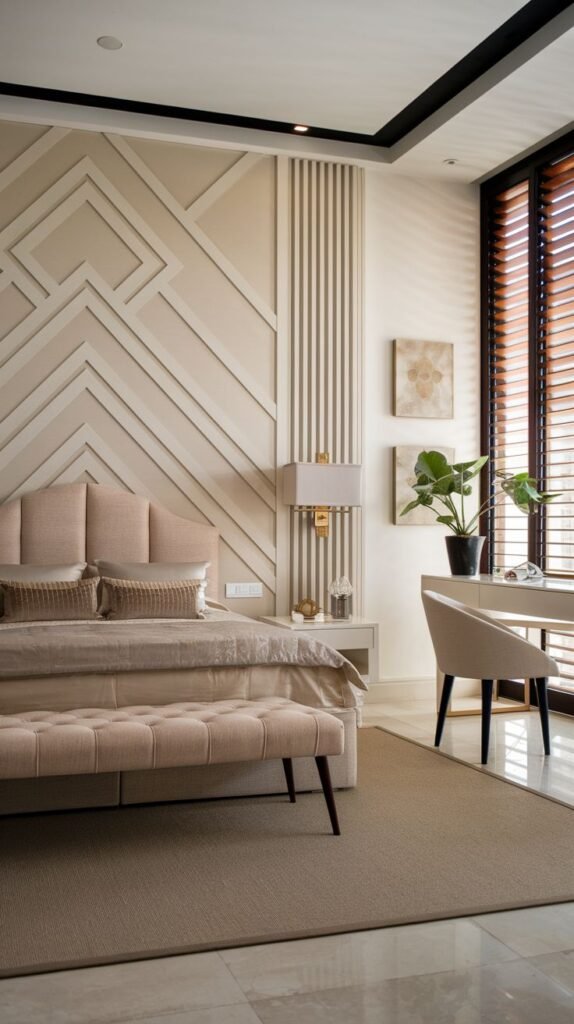 A neutral-toned bedroom with a paneled accent wall featuring decorative molding forming large diagonal geometric shapes combined with vertical fluted sections.