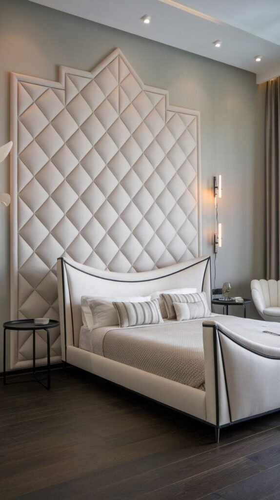 A glamorous bedroom featuring an extra-tall, light-colored textile headboard/accent wall with deep diamond tufting and a decorative scalloped top edge.