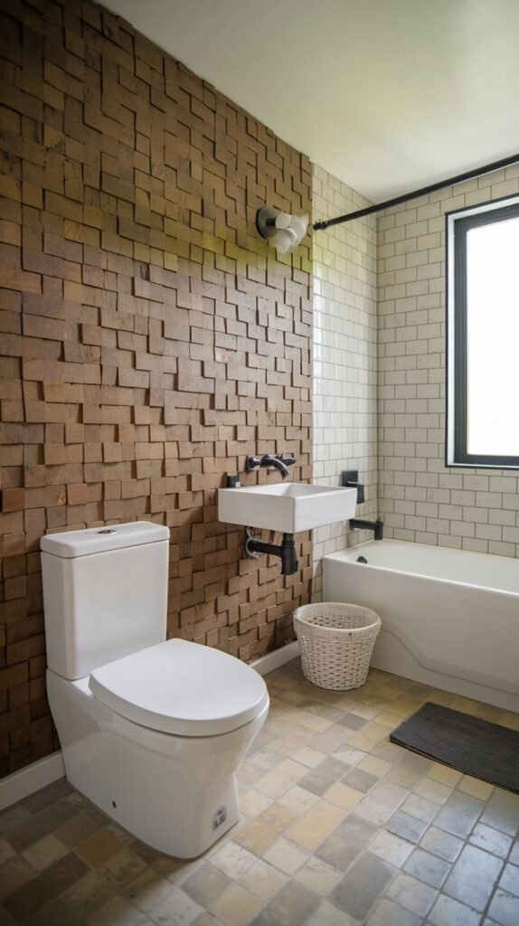Bathroom with a rustic, three-dimensional brown wood or brick block accent wall contrasting with white subway tiles around the tub, featuring a white toilet and a wall-mounted sink.