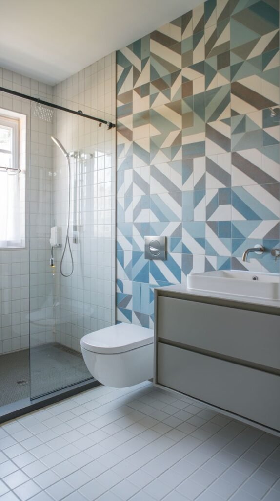Wet room style bathroom featuring a bold accent wall tiled with multi-toned geometric shapes in coastal blues, greys, and tans, alongside a floating grey vanity and wall-mounted toilet, separated from the shower by a glass panel.