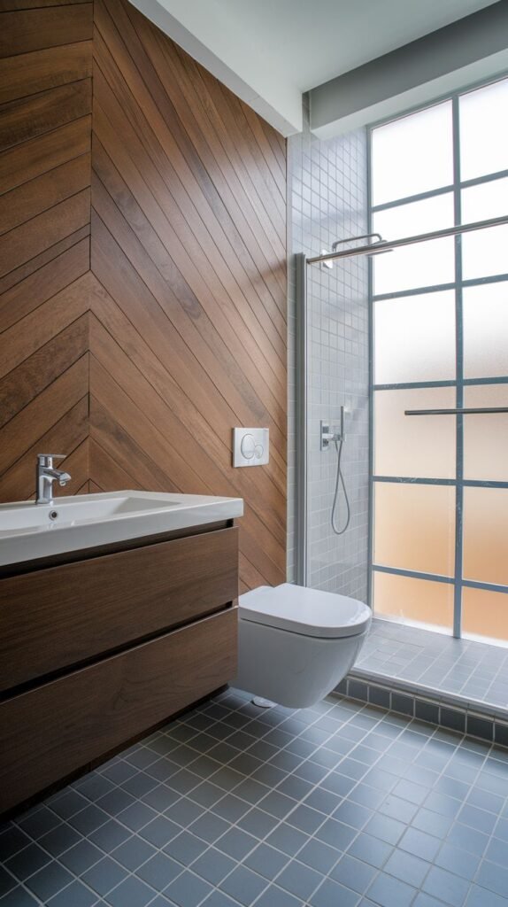 Bathroom with a feature wall clad in rich, medium-brown wood panels arranged in a diagonal or herringbone pattern, next to a matching floating wood vanity and a walk-in shower with a large frosted window.