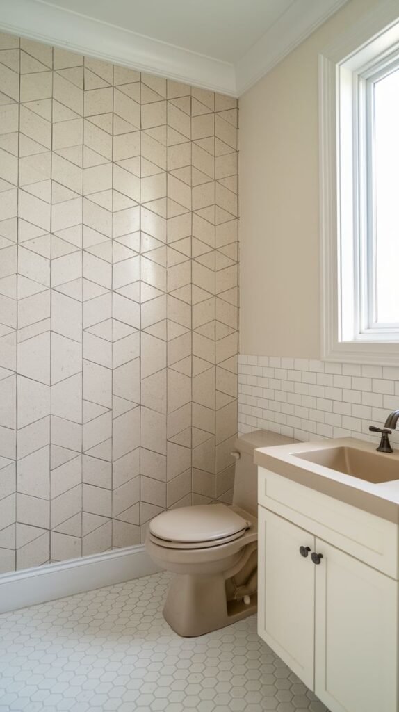Bright powder room featuring a floor-to-ceiling accent wall of subtle beige geometric tiles with thin contrasting lines, a creamy white vanity, and small white hexagon floor tiles.