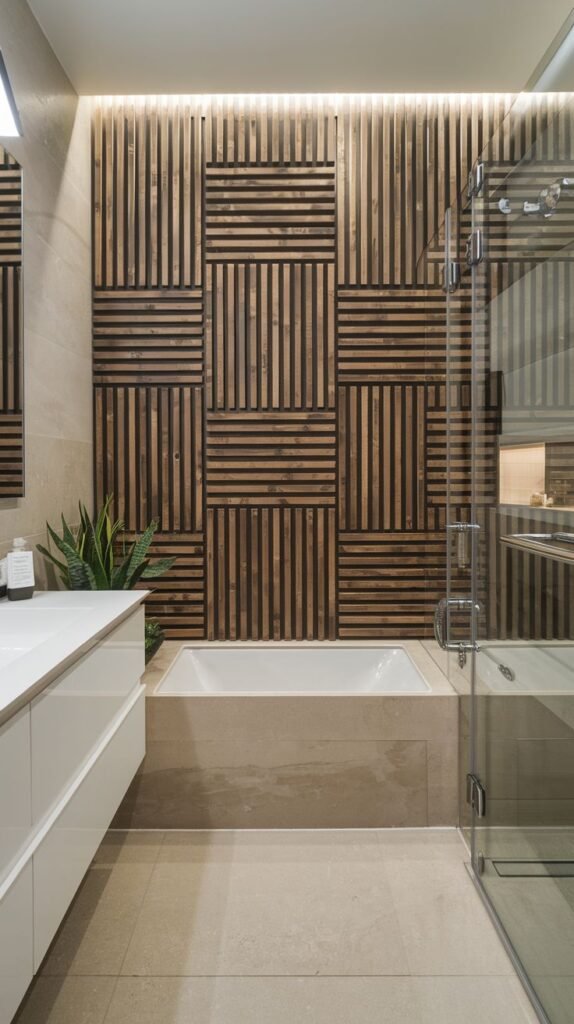 Contemporary bathroom featuring a built-in bathtub backed by a feature wall composed of dark wooden slats arranged in large alternating vertical and horizontal checkerboard squares, surrounded by neutral beige tiles.