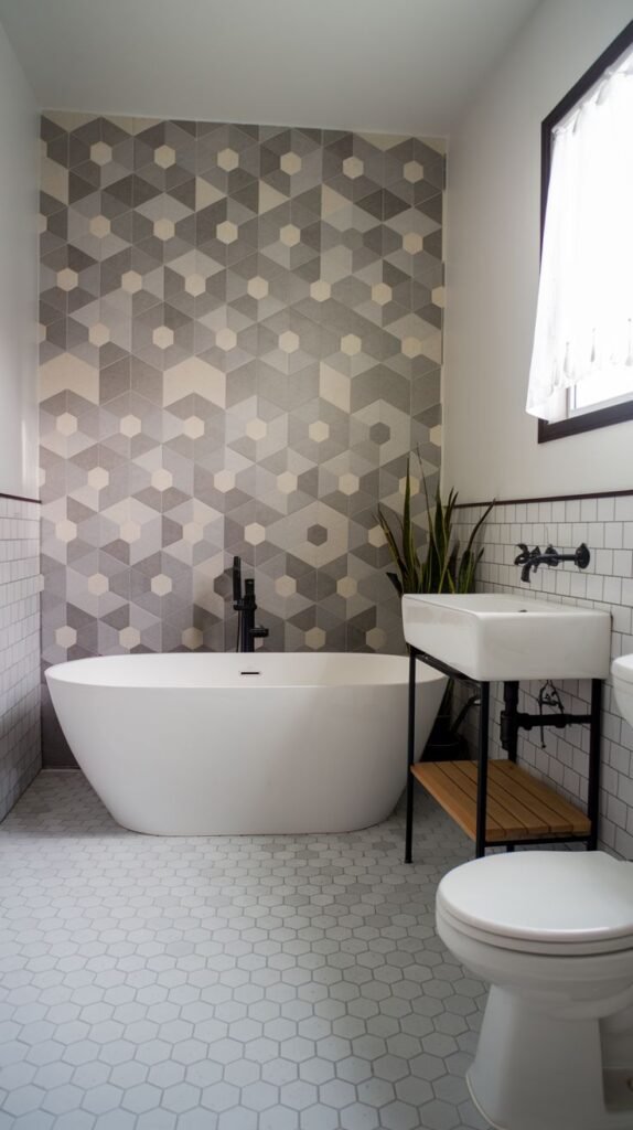 Freestanding white oval tub centered in a bathroom featuring a grey, white, and beige cubist hexagonal tiled accent wall, contrasted by small light grey hexagonal floor tiles.
