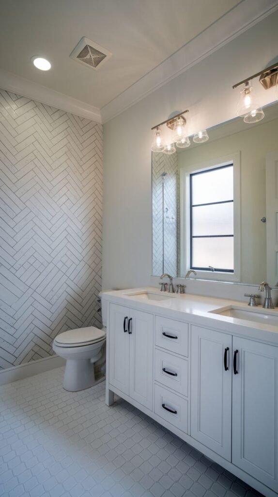 White bathroom featuring a double vanity, a floor-to-ceiling accent wall of white rectangular tiles set in a herringbone pattern behind the toilet, and white hexagon floor tiles.