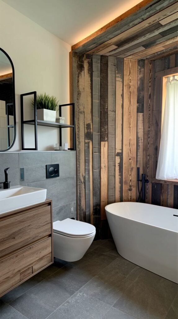 Modern rustic bathroom featuring a freestanding oval white tub against a wall of vertical distressed wood planks, juxtaposed with a light wood floating vanity and a wall-mounted toilet.