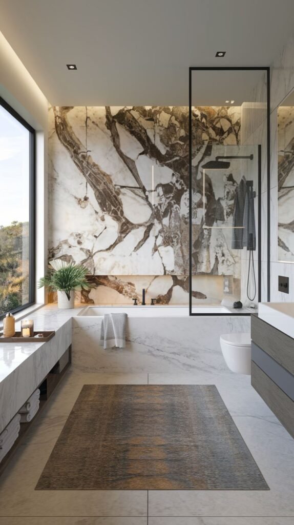 Luxury bathroom featuring a massive accent wall of dramatic brown and white veined marble behind a built-in tub, with a marble vanity counter and large window.