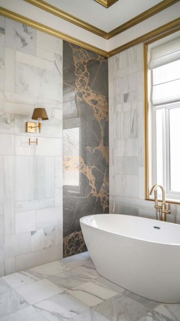 Elegant bathroom featuring white marble walls accented by a dramatic vertical panel of dark grey and gold-veined marble behind a freestanding tub, highlighted by gold fixtures.