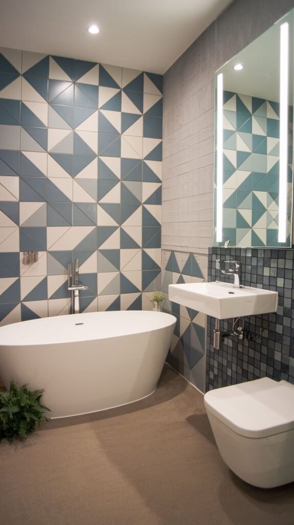 Contemporary bathroom dominated by an accent wall covered in large geometric triangle tiles in blue, white, and light grey, showcasing a white freestanding tub and a wall-mounted sink with an illuminated mirrored cabinet.