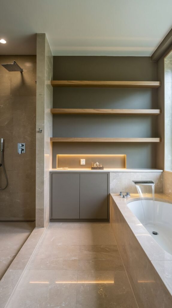 Contemporary spa-like bathroom featuring large beige tiles, an undermount tub with a waterfall faucet, and a wall with dark gray paint and floating wooden shelves above a short storage cabinet.