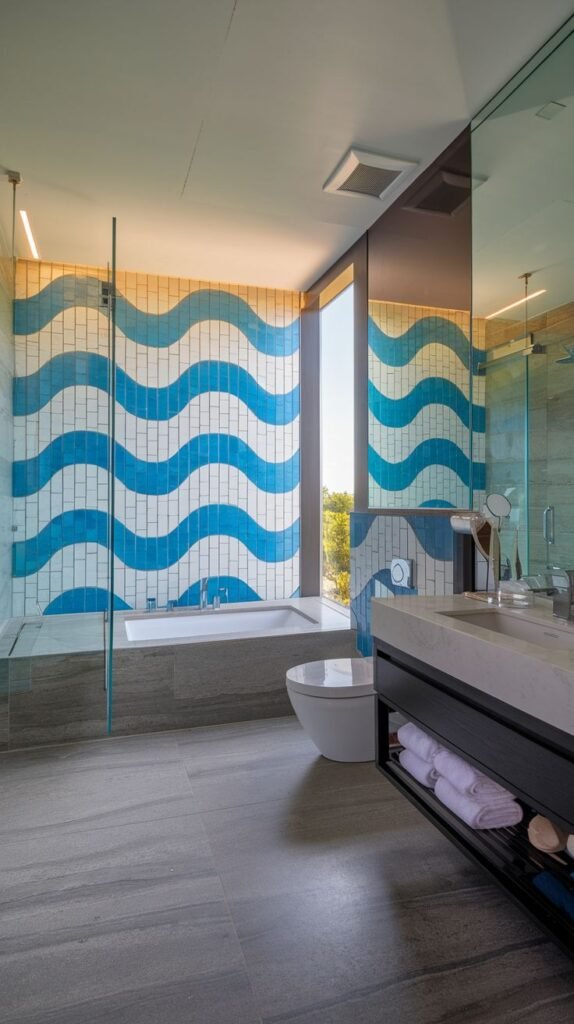 Coastal modern bathroom featuring an accent wall tiled with large, curved white and bright blue tiles creating an immersive wave pattern, separated from the vanity by a glass shower screen.