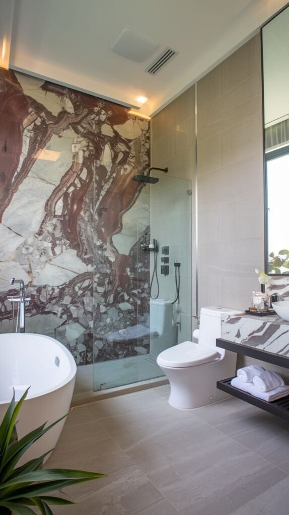 Modern bathroom with an oval freestanding tub and a glass shower enclosure backed by a wall of striking red and white/grey variegated marble, contrasting with neutral floor and wall tiles.