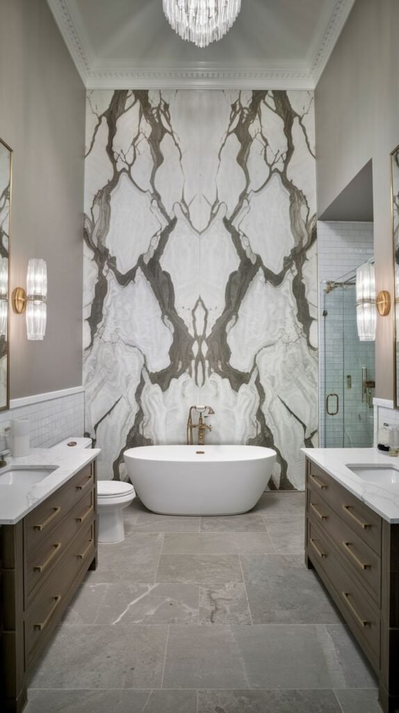 Symmetrical luxury bathroom centered around a white freestanding tub backed by a tall, mirrored marble accent wall featuring dramatic, branching grey veining, flanked by twin wood vanities.