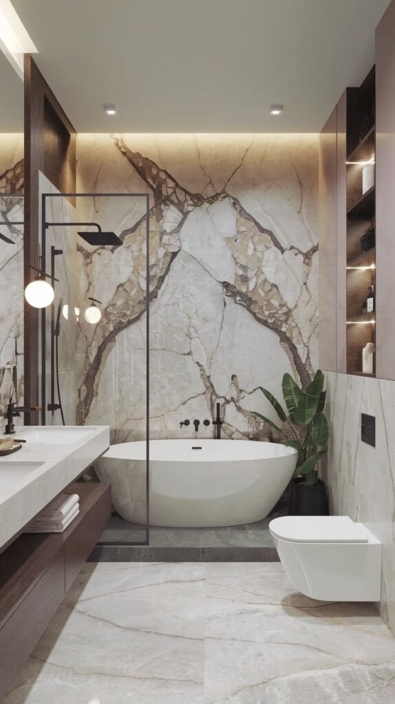 Contemporary bathroom showcasing an oval tub against a backlit, dramatic white and brown veined marble accent wall, with a floating vanity and wall-mounted toilet.