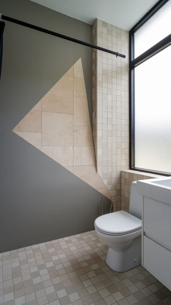 Simple bathroom featuring a plain dark grey wall partially peeled back in a triangular shape to reveal small beige square tiles, next to a standard toilet and vanity.