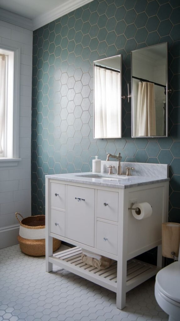 Coastal farmhouse bathroom featuring a dark teal hexagonal tile accent wall, a white vanity with marble countertop, and small white hexagonal floor tiles.