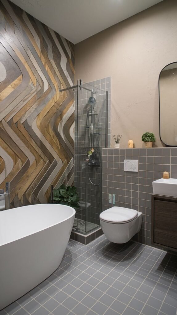 Modern bathroom featuring a prominent chevron-patterned accent wall made of multi-toned textured wood planks, an oval white freestanding bathtub, and a wall-mounted toilet set against large grey square wall tiles.