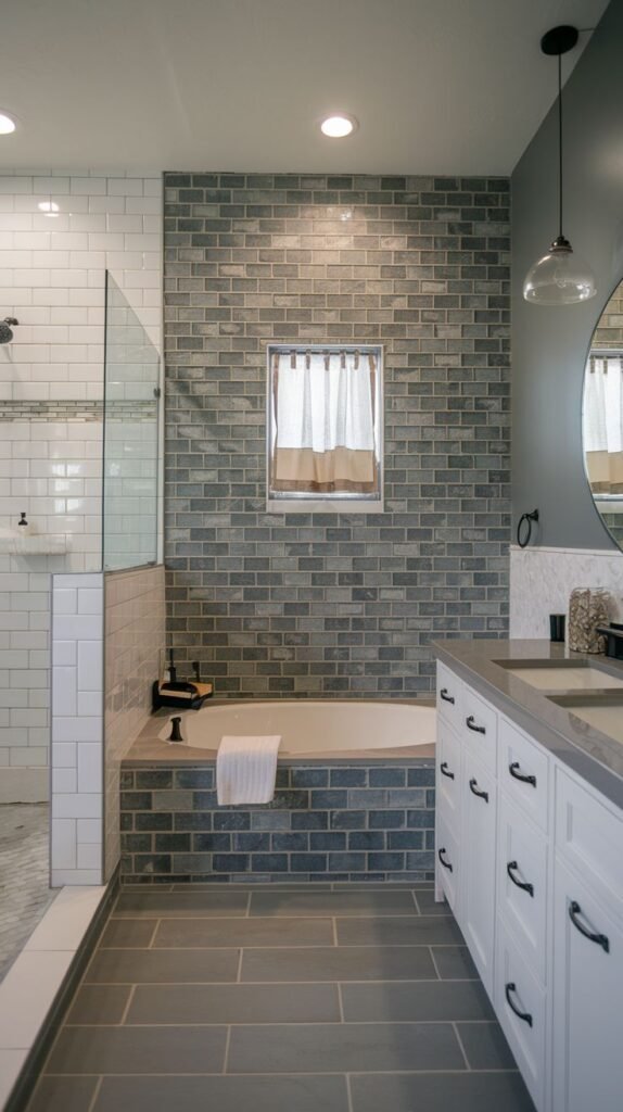 Bathroom featuring a built-in tub surrounded by glossy blue-grey brick-style accent tiles, a white subway tile shower stall with a glass panel, and a white double vanity with dark hardware.