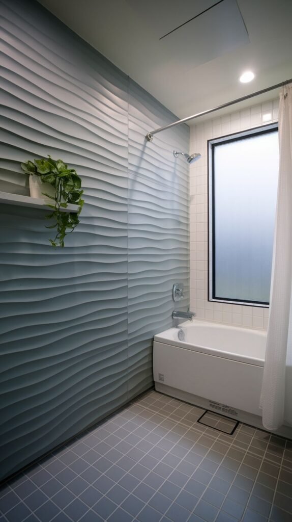 Minimalist bathroom featuring a full accent wall of soft blue-grey undulating (wavy) three-dimensional paneling, next to a white built-in tub/shower surrounded by small white square tiles.