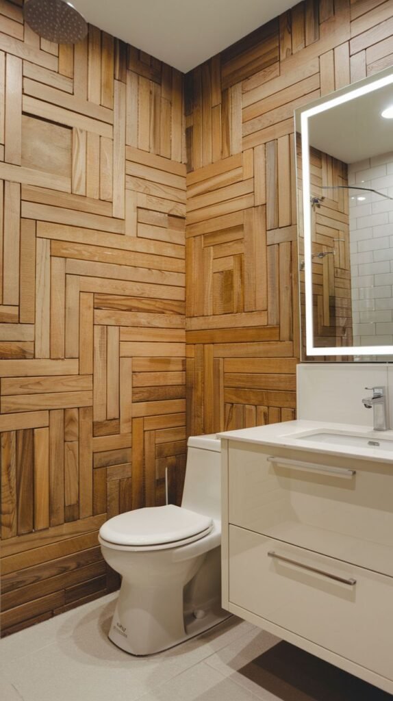 Bathroom with a warm brown wood plank accent wall arranged in a complex geometric or interwoven pattern, featuring a white toilet and a floating white vanity beneath an illuminated rectangular mirror.