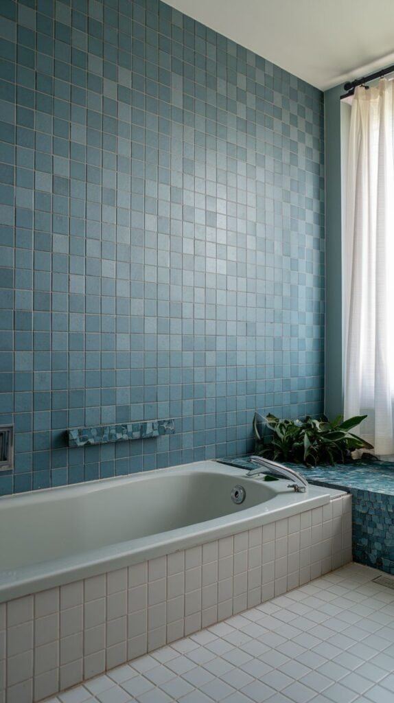 Built-in bathtub in a room featuring a full wall covered in small, glossy blue square tiles, contrasted by the tub apron and floor covered in small white square tiles.