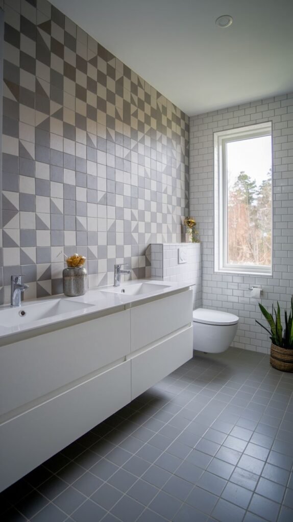 Bright bathroom featuring a dramatic accent wall composed of large square tiles with a repeating grey and white geometric triangle pattern, paired with a long white floating double vanity.