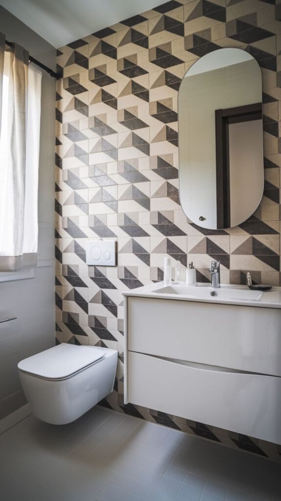 Modern bathroom showcasing a prominent accent wall of geometric tiles creating a 3D cubist optical illusion in brown, beige, and grey tones, with a floating white vanity and wall-mounted toilet.