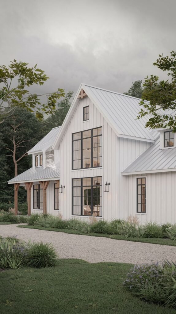 White modern farmhouse with vertical board-and-batten siding, light metal roof, and large central gable window wall. Features a covered porch supported by rustic wood posts, overlooking a gravel drive and surrounding trees under an overcast sky.