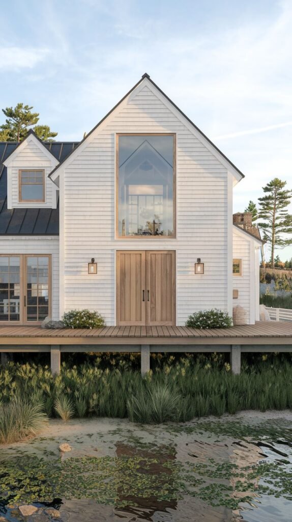 White coastal farmhouse situated on an elevated deck above a marshy pond/waterfront. The main gable features a large picture window above natural wood double entry doors, contrasting with a dark roof.