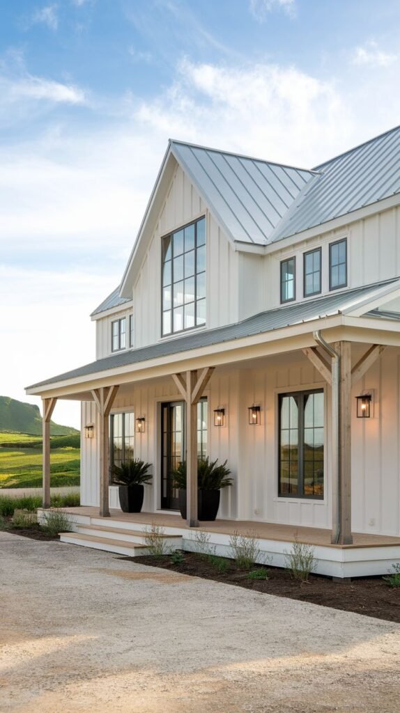 White farmhouse with a wide, covered front porch supported by light, rough-hewn timber posts. The house has a light metal roof and black-framed windows, approached by a light gravel driveway.