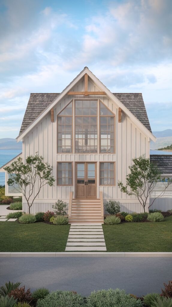Symmetrical white farmhouse entrance with a wood-shingled roof. A monumental central facade features a vertical wood-framed glass wall. The entrance is approached by wide, tiered wood steps and concrete pavers set in the lawn.