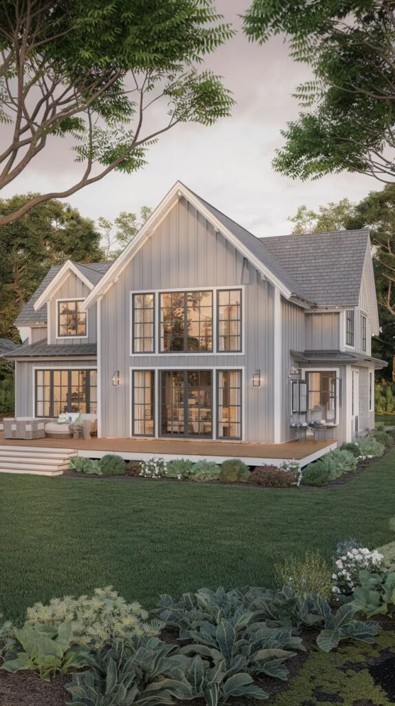 Rear view of a two-story house with soft gray vertical siding and a gray shingle roof. A low-profile wood deck is accessed by large black-framed sliding glass doors, overlooking a landscaped garden and lawn.