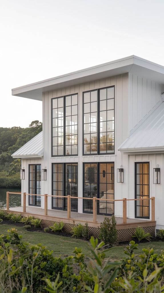 Contemporary white coastal home with vertical siding and a flat roof section overhang. Features a deck with light wood posts and modern cable railing, accessed by tall black-framed grid windows and doors overlooking the water.