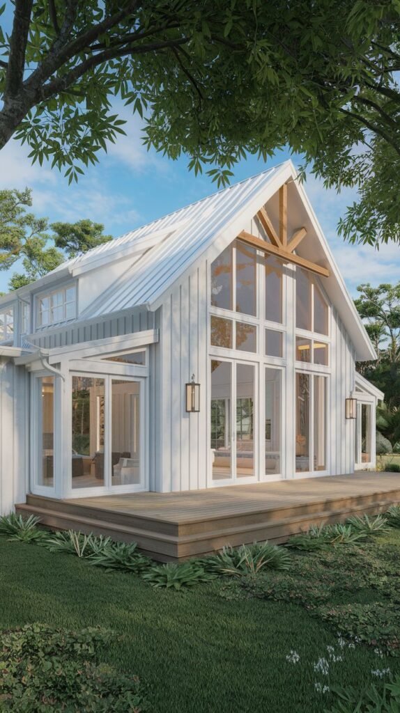 White farmhouse featuring a dramatic full-height glass gable supported by an exposed wooden roof truss detail. A wide, low wooden deck provides an outdoor living space adjacent to the lawn.