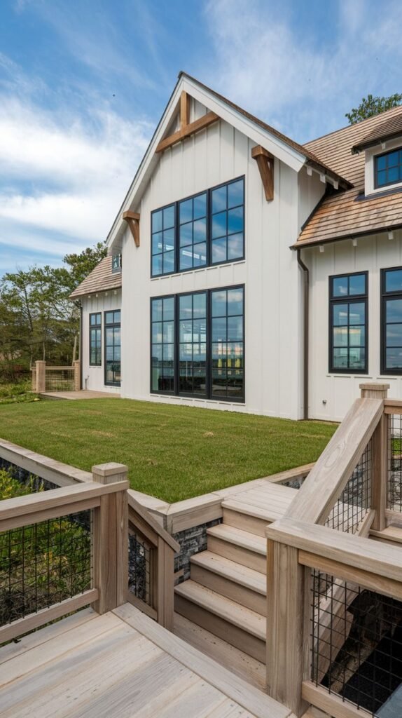 White farmhouse with a textured cedar shake roof and black-framed windows. The foreground features a multi-level wood deck staircase with wood and wire mesh railing, leading up to a grassy terrace.